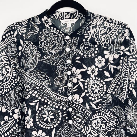 TravelSmith Boho Floral Black White Button Front Sheer Blouse Medium - Picture 3 of 5